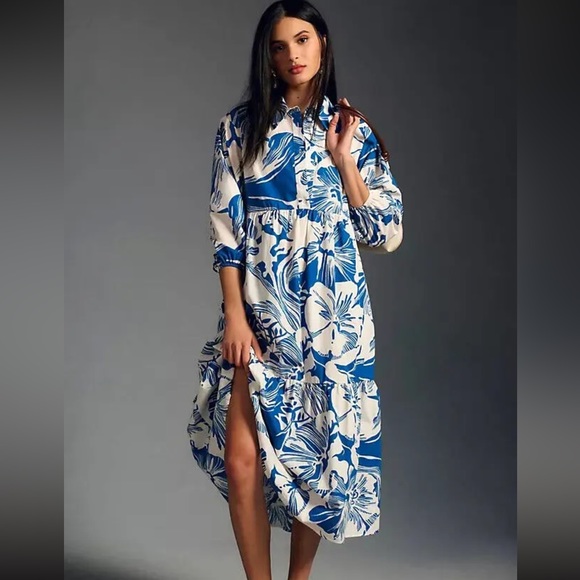 Anthropologie Dresses & Skirts - Anthropologie Maeve Bettina Dress Tiered Shirt Buttondown Blue Orchid Size L